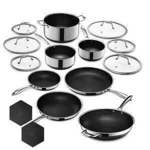 HexClad Hybrid Nonstick 15-Piece Cookware Set, 12" Wok, 8", 10", and 12" Pans with Lids, 2, 3, and 8Qt Pots with Lids, and 2 Silicone Trivets, Stay-Cool Handles, Dishwasher and Oven-Safe HexClad Hybrid Nonstick 15-Piece Cookware Set, 12" Wok, 8", 10", and 12" Pans with Lids, 2, 3, and 8Qt Pots with Lids, and 2 Silicone Trivets, Stay-Cool Handles, Dishwasher and Oven-Safe