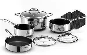 Hybrid Nonstick 10-Piece Cookware Set, 5.5Qt Sauté Pan with Lid, 2, 3, and 8Qt Pots with Lids, and 2 Silicone Trivets, Stay-Cool Handles, Dishwasher and Oven-Safe, Induction Ready Hybrid Nonstick 10-Piece Cookware Set, 5.5Qt Sauté Pan with Lid, 2, 3, and 8Qt Pots with Lids, and 2 Silicone Trivets, Stay-Cool Handles, Dishwasher and Oven-Safe, Induction Ready