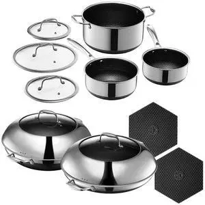 Hybrid Nonstick 12-Piece Cookware Set, 14" Pan with Lid, 14" Wok with Lid, 2, 3, and 8Qt Pots with Lids, and 2 Silicone Trivets, Stay-Cool Handles, Dishwasher and Oven-Safe, Induction Ready Hybrid Nonstick 12-Piece Cookware Set, 14" Pan with Lid, 14" Wok with Lid, 2, 3, and 8Qt Pots with Lids, and 2 Silicone Trivets, Stay-Cool Handles, Dishwasher and Oven-Safe, Induction Ready