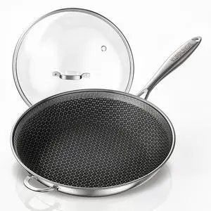 Wok Pan, 13 Inch Hybrid Woks & Stir-fry Pans Nonstick, Non Toxic 5-Ply Stainless Steel Wok Pan with Lid, Laser Etched Surface, Works on All Stoves, Dishwasher & Induction Safe, PFOA Free Wok Pan, 13 Inch Hybrid Woks & Stir-fry Pans Nonstick, Non Toxic 5-Ply Stainless Steel Wok Pan with Lid, Laser Etched Surface, Works on All Stoves, Dishwasher & Induction Safe, PFOA Free