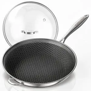 Wok Pan, 14 Inch Hybrid Woks & Stir-fry Pans Nonstick, Non Toxic 5-Ply Stainless Steel Wok Pan with Lid, Laser Etched Surface, Works on All Stoves, Dishwasher & Induction Safe, PFOA Free Wok Pan, 14 Inch Hybrid Woks & Stir-fry Pans Nonstick, Non Toxic 5-Ply Stainless Steel Wok Pan with Lid, Laser Etched Surface, Works on All Stoves, Dishwasher & Induction Safe, PFOA Free