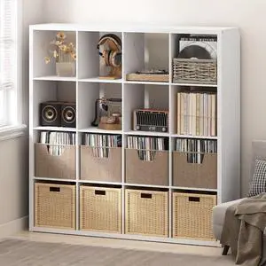 Cubicle Record Player Stand with Vinyl Storage, 16-Cube 1.2 Extra Thick Vinyl Record Storage, Open Back Media Shelf for CD DVD Blueray Game Disc, for Living Room, Home Office, White Cubicle Record Player Stand with Vinyl Storage, 16-Cube 1.2 Extra Thick Vinyl Record Storage, Open Back Media Shelf for CD DVD Blueray Game Disc, for Living Room, Home Office, White