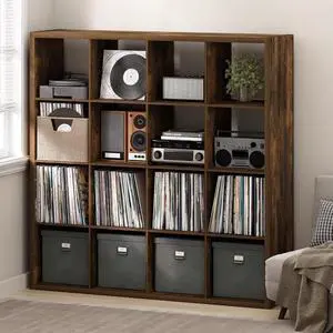 Cubicle Record Player Stand with Vinyl Storage, 16-Cube 1.2 Extra Thick Vinyl Record Storage, Open Back Media Shelf for CD DVD Blueray Game Disc, for Living Room, Home Office, Amber Pine Cubicle Record Player Stand with Vinyl Storage, 16-Cube 1.2 Extra Thick Vinyl Record Storage, Open Back Media Shelf for CD DVD Blueray Game Disc, for Living Room, Home Office, Amber Pine