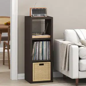 Cubicle Record Player Stand with Vinyl Storage, 3-Cube 1.2 Extra Thick Vinyl Record Storage, Open Back Media Shelf for CD DVD Blueray Game Disc, for Living Room, Home Office, Black Dark Oak Cubicle Record Player Stand with Vinyl Storage, 3-Cube 1.2 Extra Thick Vinyl Record Storage, Open Back Media Shelf for CD DVD Blueray Game Disc, for Living Room, Home Office, Black Dark Oak