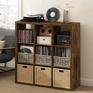 Cubicle Record Player Stand with Vinyl Storage, 9-Cube 1.2 Extra Thick Vinyl Record Storage, Open Back Media Shelf for CD DVD Blueray Game Disc, for Living Room, Home Office, Amber Pine Cubicle Record Player Stand with Vinyl Storage, 9-Cube 1.2 Extra Thick Vinyl Record Storage, Open Back Media Shelf for CD DVD Blueray Game Disc, for Living Room, Home Office, Amber Pine