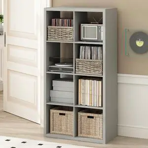 Cubicle Record Player Stand with Vinyl Storage, 8-Cube 1.2 Extra Thick Vinyl Record Storage, Open Back Media Shelf for CD DVD Blueray Game Disc, for Living Room, Home Office, Light Grey Cubicle Record Player Stand with Vinyl Storage, 8-Cube 1.2 Extra Thick Vinyl Record Storage, Open Back Media Shelf for CD DVD Blueray Game Disc, for Living Room, Home Office, Light Grey