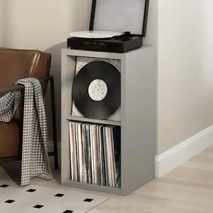 Cubicle Record Player Stand with Vinyl Storage, 2-Cube 1.2 Extra Thick Vinyl Record Storage, Open Back Media Shelf for CD DVD Blueray Game Disc, for Living Room, Home Office, Light Grey Cubicle Record Player Stand with Vinyl Storage, 2-Cube 1.2 Extra Thick Vinyl Record Storage, Open Back Media Shelf for CD DVD Blueray Game Disc, for Living Room, Home Office, Light Grey