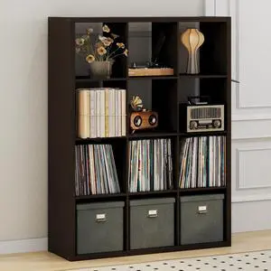 Cubicle Record Player Stand with Vinyl Storage, 12-Cube 1.2 Extra Thick Vinyl Record Storage, Open Back Media Shelf for CD DVD Blueray Game Disc, for Living Room, Home Office, Black Dark Oak Cubicle Record Player Stand with Vinyl Storage, 12-Cube 1.2 Extra Thick Vinyl Record Storage, Open Back Media Shelf for CD DVD Blueray Game Disc, for Living Room, Home Office, Black Dark Oak