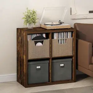 Cubicle Record Player Stand with Vinyl Storage, 4-Cube 1.2 Extra Thick Vinyl Record Storage, Open Back Media Shelf for CD DVD Blueray Game Disc, for Living Room, Home Office, Amber Pine Cubicle Record Player Stand with Vinyl Storage, 4-Cube 1.2 Extra Thick Vinyl Record Storage, Open Back Media Shelf for CD DVD Blueray Game Disc, for Living Room, Home Office, Amber Pine