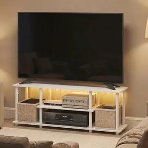 Turn-N-Tube TV Stand with LED Lights, 3-Tier No Tools 3D Entertainment Center, TV Console for TV up to 50 Inch, for Living Room, Bedroom, White Turn-N-Tube TV Stand with LED Lights, 3-Tier No Tools 3D Entertainment Center, TV Console for TV up to 50 Inch, for Living Room, Bedroom, White