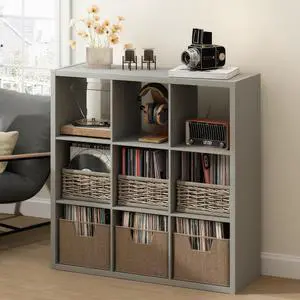 Cubicle Record Player Stand with Vinyl Storage, 9-Cube 1.2 Extra Thick Vinyl Record Storage, Open Back Media Shelf for CD DVD Blueray Game Disc, for Living Room, Home Office, Light Grey Cubicle Record Player Stand with Vinyl Storage, 9-Cube 1.2 Extra Thick Vinyl Record Storage, Open Back Media Shelf for CD DVD Blueray Game Disc, for Living Room, Home Office, Light Grey