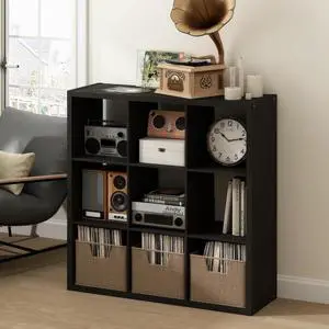 Cubicle Record Player Stand with Vinyl Storage, 9-Cube 1.2 Extra Thick Vinyl Record Storage, Open Back Media Shelf for CD DVD Blueray Game Disc, for Living Room, Home Office, Black Dark Oak Cubicle Record Player Stand with Vinyl Storage, 9-Cube 1.2 Extra Thick Vinyl Record Storage, Open Back Media Shelf for CD DVD Blueray Game Disc, for Living Room, Home Office, Black Dark Oak