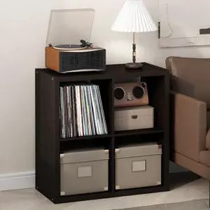 Cubicle Record Player Stand with Vinyl Storage, 4-Cube 1.2 Extra Thick Vinyl Record Storage, Open Back Media Shelf for CD DVD Blueray Game Disc, for Living Room, Home Office, Black Dark Oak Cubicle Record Player Stand with Vinyl Storage, 4-Cube 1.2 Extra Thick Vinyl Record Storage, Open Back Media Shelf for CD DVD Blueray Game Disc, for Living Room, Home Office, Black Dark Oak