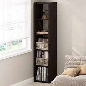 Cubicle Record Player Stand with Vinyl Storage, 5-Cube 1.2 Extra Thick Vinyl Record Storage, Open Back Media Shelf for CD DVD Blueray Game Disc, for Living Room, Home Office, Black Dark Oak Cubicle Record Player Stand with Vinyl Storage, 5-Cube 1.2 Extra Thick Vinyl Record Storage, Open Back Media Shelf for CD DVD Blueray Game Disc, for Living Room, Home Office, Black Dark Oak