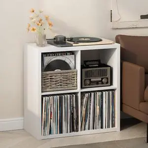Cubicle Record Player Stand with Vinyl Storage, 4-Cube 1.2 Extra Thick Vinyl Record Storage, Open Back Media Shelf for CD DVD Blueray Game Disc, for Living Room, Home Office, White Cubicle Record Player Stand with Vinyl Storage, 4-Cube 1.2 Extra Thick Vinyl Record Storage, Open Back Media Shelf for CD DVD Blueray Game Disc, for Living Room, Home Office, White