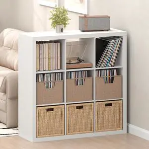 Cubicle Record Player Stand with Vinyl Storage, 9-Cube Vinyl Record Storage, 1.65" Triple Thick Open Back Media Shelf for CD DVD Blueray Game Disc, for Living Room, Home Office, White Cubicle Record Player Stand with Vinyl Storage, 9-Cube Vinyl Record Storage, 1.65" Triple Thick Open Back Media Shelf for CD DVD Blueray Game Disc, for Living Room, Home Office, White