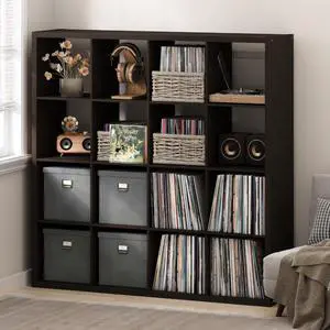 Cubicle Record Player Stand with Vinyl Storage, 16-Cube 1.2 Extra Thick Vinyl Record Storage, Open Back Media Shelf for CD DVD Blueray Game Disc, for Living Room, Home Office, Black Dark Oak Cubicle Record Player Stand with Vinyl Storage, 16-Cube 1.2 Extra Thick Vinyl Record Storage, Open Back Media Shelf for CD DVD Blueray Game Disc, for Living Room, Home Office, Black Dark Oak