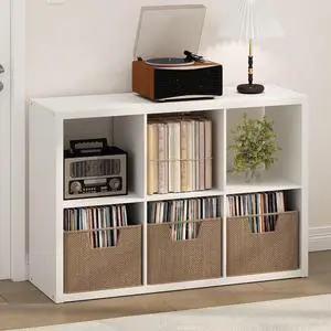 Cubicle Record Player Stand with Vinyl Storage, 6-Cube 1.2 Extra Thick Vinyl Record Storage, Open Back Media Shelf for CD DVD Blueray Game Disc, for Living Room, Home Office, White Cubicle Record Player Stand with Vinyl Storage, 6-Cube 1.2 Extra Thick Vinyl Record Storage, Open Back Media Shelf for CD DVD Blueray Game Disc, for Living Room, Home Office, White