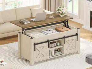 Lift Top Coffee Table, Farmhouse Lift Tabletop Dining Table, Gas Spring, Hidden Compartment, Open Storage Shelf, for Living Room, White Brown Lift Top Coffee Table, Farmhouse Lift Tabletop Dining Table, Gas Spring, Hidden Compartment, Open Storage Shelf, for Living Room, White Brown