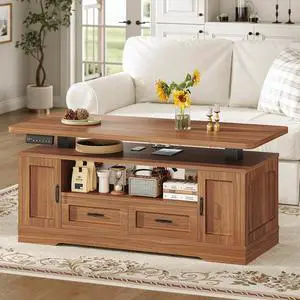 47.2" Farmhouse Electric Standing Coffee Table with Storage, Lift Top Coffee Table with Drawers & Open Shelves, Height Adjustable Table with Power Outlet, for Living Room, Brown 47.2" Farmhouse Electric Standing Coffee Table with Storage, Lift Top Coffee Table with Drawers & Open Shelves, Height Adjustable Table with Power Outlet, for Living Room, Brown