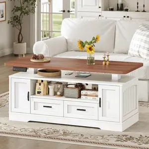 47.2" Electric Lift Top Coffee Table with Storage, Farmhouse Coffee Table with Drawers and Open Shelves, Height Adjustable Tables with Power Outlet, for Living Room, White 47.2" Electric Lift Top Coffee Table with Storage, Farmhouse Coffee Table with Drawers and Open Shelves, Height Adjustable Tables with Power Outlet, for Living Room, White