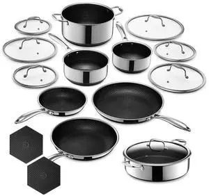 Hybrid Nonstick 16-Piece Cookware Set, 2, 3, and 8Qt Pots with Lids, 2 Silicone Trivets, 8", 10", and 12" Pans with Lids, and 7Qt Chicken Fryer with Lid, Stay-Cool Handles Hybrid Nonstick 16-Piece Cookware Set, 2, 3, and 8Qt Pots with Lids, 2 Silicone Trivets, 8", 10", and 12" Pans with Lids, and 7Qt Chicken Fryer with Lid, Stay-Cool Handles