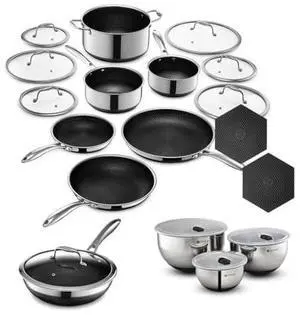 Hybrid Nonstick 19-Piece Cookware Set, 2, 3, and 8Qt Pots with Lids, 2 Silicone Trivets, 8", 10", and 12" Pans with Lids, 3-Piece Mixing Bowl Set, and 14" Wok with Lid, Stay-Cool Handles Hybrid Nonstick 19-Piece Cookware Set, 2, 3, and 8Qt Pots with Lids, 2 Silicone Trivets, 8", 10", and 12" Pans with Lids, 3-Piece Mixing Bowl Set, and 14" Wok with Lid, Stay-Cool Handles