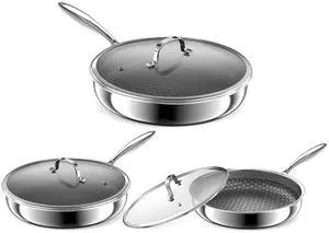 Hybrid Non Stick Frying Pans, Stainless Steel Frying Pans with Tempered Glass Lid, 8" 10" 12" 5 Ply Induction Cookware, Oven-Safe Up to 800°F, Compatible with All Cooktops Hybrid Non Stick Frying Pans, Stainless Steel Frying Pans with Tempered Glass Lid, 8" 10" 12" 5 Ply Induction Cookware, Oven-Safe Up to 800°F, Compatible with All Cooktops