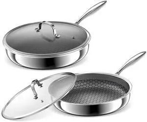 Hybrid Non Stick Frying Pans 2 Piece set, Stainless Steel Frying Pans with Tempered Glass Lid, 10" 12" 5 Ply Induction Cookware, Oven-Safe Up to 800°F, Compatible with All Cooktops Hybrid Non Stick Frying Pans 2 Piece set, Stainless Steel Frying Pans with Tempered Glass Lid, 10" 12" 5 Ply Induction Cookware, Oven-Safe Up to 800°F, Compatible with All Cooktops