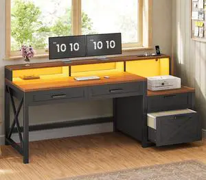 Farmhouse Home Office Desk with File Drawer & Power Outlet, Computer Desk with 4 Drawer, Storage Shelves, Printer Cabinet and Monitor Shelf, Gaming Desk with Led Lights, Black Brown Farmhouse Home Office Desk with File Drawer & Power Outlet, Computer Desk with 4 Drawer, Storage Shelves, Printer Cabinet and Monitor Shelf, Gaming Desk with Led Lights, Black Brown