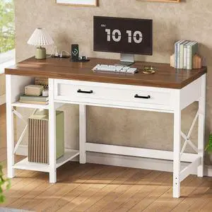 Farmhouse Small Desk with Drawers, 40" Computer Desk with Storage Shelves, White Writing Desk for Small Space and Power Outlet, Desk for Bedroom, Home Office Farmhouse Small Desk with Drawers, 40" Computer Desk with Storage Shelves, White Writing Desk for Small Space and Power Outlet, Desk for Bedroom, Home Office