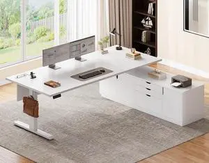 Executive L Shaped Electric Standing Desk, 71" Height Adjustable Executive Desk with 3 Drawers and Cabinet, Sit Stand Up Home Office Desk with Power Outlets & Side Hook (White) Executive L Shaped Electric Standing Desk, 71" Height Adjustable Executive Desk with 3 Drawers and Cabinet, Sit Stand Up Home Office Desk with Power Outlets & Side Hook (White)