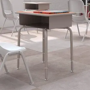 Billie Student Desk - Walnut Open Front School Desk - Silver Metal Frame - 24"W x 18"D Adjustable Height, Durable for School or Remote Learning Billie Student Desk - Walnut Open Front School Desk - Silver Metal Frame - 24"W x 18"D Adjustable Height, Durable for School or Remote Learning