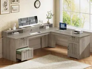 63" L Shaped Desk with Drawers, Farmhouse Corner Computer Desk, Wood Office Desk with File Drawers with Storage, Executive Desk with Monitor Stand and Storage Cabinet, Grey 63" L Shaped Desk with Drawers, Farmhouse Corner Computer Desk, Wood Office Desk with File Drawers with Storage, Executive Desk with Monitor Stand and Storage Cabinet, Grey