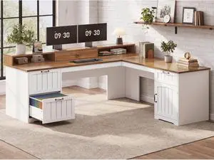 Farmhouse L Shaped Desk with Drawers, 63" Office Desk with File Drawers, Wood Corner Computer Desk with Storage, Home Office Desk with Monitor Stand and Storage Cabinet, Walnut and White Farmhouse L Shaped Desk with Drawers, 63" Office Desk with File Drawers, Wood Corner Computer Desk with Storage, Home Office Desk with Monitor Stand and Storage Cabinet, Walnut and White