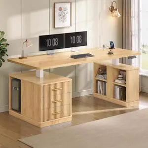 Modern Fluted Electric Standing Desk, 63" Height Adjustable Computer Desk with 3 Drawers, Storage Shelves, Power Outlets, Wood Home Office Stand up Desk for Work, Study, Writing, Oak Modern Fluted Electric Standing Desk, 63" Height Adjustable Computer Desk with 3 Drawers, Storage Shelves, Power Outlets, Wood Home Office Stand up Desk for Work, Study, Writing, Oak