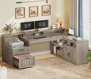 Farmhouse L Shaped Desk with Drawers, 59" Office Desk with File Drawers, Wood Corner Computer Desk with Storage, Home Office Desks with Storage Cabinet and Monitor Stand, Grey Farmhouse L Shaped Desk with Drawers, 59" Office Desk with File Drawers, Wood Corner Computer Desk with Storage, Home Office Desks with Storage Cabinet and Monitor Stand, Grey