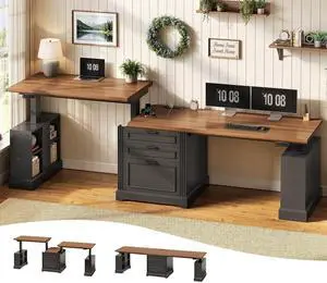 Standing Two Person Desk, 98.4'' Farmhouse Long Computer Desk with 3 Drawers, Storage Cabinet, Electric Height Adjustable 2 Person Desk with Power Outlets for Home Office, Black+Brown Standing Two Person Desk, 98.4'' Farmhouse Long Computer Desk with 3 Drawers, Storage Cabinet, Electric Height Adjustable 2 Person Desk with Power Outlets for Home Office, Black+Brown