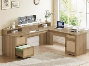 63" Rattan L Shaped Desk with Drawers, Farmhouse Corner Computer Desk, Wood Office Desk with File Drawers with Storage, Executive Desk with Monitor Stand and Storage Cabinet, Oak 63" Rattan L Shaped Desk with Drawers, Farmhouse Corner Computer Desk, Wood Office Desk with File Drawers with Storage, Executive Desk with Monitor Stand and Storage Cabinet, Oak