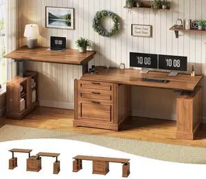 Standing Two Person Desk, 98.4'' Farmhouse Long Computer Desk with 3 Drawers, Storage Cabinet, Electric Height Adjustable 2 Person Desk with Power Outlets for Home Office, Brown Standing Two Person Desk, 98.4'' Farmhouse Long Computer Desk with 3 Drawers, Storage Cabinet, Electric Height Adjustable 2 Person Desk with Power Outlets for Home Office, Brown