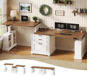Standing Two Person Desk, 98.4'' Farmhouse Long Computer Desk with 3 Drawers, Storage Cabinet, Electric Height Adjustable 2 Person Desk with Power Outlets for Home Office, White+Brown Standing Two Person Desk, 98.4'' Farmhouse Long Computer Desk with 3 Drawers, Storage Cabinet, Electric Height Adjustable 2 Person Desk with Power Outlets for Home Office, White+Brown