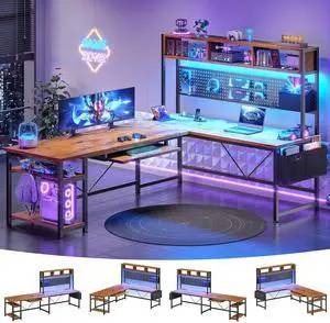 L Shaped Computer Desk, Reversible Corner Desk with Power Outlet and Pegboard, Computer Desk with Led Lights, Keyboard Tray, Headphone Hook and Storage Shelves, Rustic Brown L Shaped Computer Desk, Reversible Corner Desk with Power Outlet and Pegboard, Computer Desk with Led Lights, Keyboard Tray, Headphone Hook and Storage Shelves, Rustic Brown