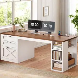 55.1" Farmhouse Office Desk with 3 Drawers, Executive Desk with File Drawer & Storage Shelves, Computer Desk with Power Outlet for Home Office, White and Brown 55.1" Farmhouse Office Desk with 3 Drawers, Executive Desk with File Drawer & Storage Shelves, Computer Desk with Power Outlet for Home Office, White and Brown