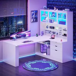 L Shaped Computer Desk, L Shaped Corner Gaming Desk with 3 Wood Drawer and Large Bookshelf, Home Office Desk with LED Light, Display Cabinet and Pegboard, 27.5" W Large Desktop Table, White L Shaped Computer Desk, L Shaped Corner Gaming Desk with 3 Wood Drawer and Large Bookshelf, Home Office Desk with LED Light, Display Cabinet and Pegboard, 27.5" W Large Desktop Table, White