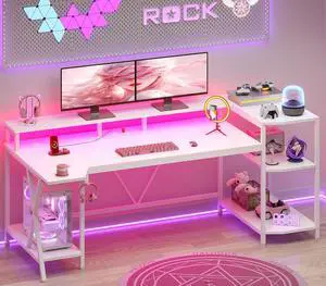 White Gaming Desk 70.8'' with LED Lights and Storage Shelves, Computer Desk with Monitor Stand, Power Outlets and Cup Holder, Large PC Gamer Desk, Gaming Table for Bedroom, Living Room White Gaming Desk 70.8'' with LED Lights and Storage Shelves, Computer Desk with Monitor Stand, Power Outlets and Cup Holder, Large PC Gamer Desk, Gaming Table for Bedroom, Living Room