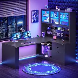 L Shaped Computer Desk, L Shaped Corner Gaming Desk with 3 Wood Drawer and Large Bookshelf, Home Office Desk with LED Light, Display Cabinet and Pegboard, 27.5" W Large Desktop Table, Black L Shaped Computer Desk, L Shaped Corner Gaming Desk with 3 Wood Drawer and Large Bookshelf, Home Office Desk with LED Light, Display Cabinet and Pegboard, 27.5" W Large Desktop Table, Black