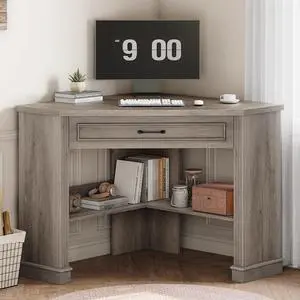 31.5" Small Corner Desk, Corner Desk for Small Space, Farmhouse Computer Desk with Drawers, Triangle Computer Desk with Storage Shelves for Home Office, Living Room, Bedroom, Gray 31.5" Small Corner Desk, Corner Desk for Small Space, Farmhouse Computer Desk with Drawers, Triangle Computer Desk with Storage Shelves for Home Office, Living Room, Bedroom, Gray