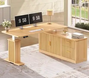 L Shaped Electric Standing Desk, 55 inch Height Adjustable Office Executive Desk with Storage Drawers, Fluted Sit Stand Corner Computer Desk with Power Outlets for Home Office, Oak L Shaped Electric Standing Desk, 55 inch Height Adjustable Office Executive Desk with Storage Drawers, Fluted Sit Stand Corner Computer Desk with Power Outlets for Home Office, Oak