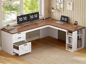 Farmhouse 67" L Shaped Desk with 3 Drawers, White Corner Computer Desk with Storage Shelves, Home Office Desks with Power OutletsExecutive Desk for Home Office, White and Brown Farmhouse 67" L Shaped Desk with 3 Drawers, White Corner Computer Desk with Storage Shelves, Home Office Desks with Power OutletsExecutive Desk for Home Office, White and Brown