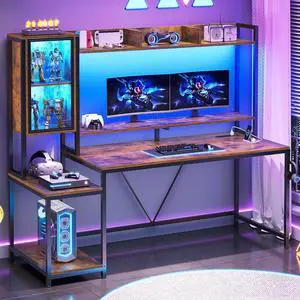 Gaming Desk, 60'' Gaming Desk with Hutch and LED Lights, Computer Desk with Storage Shelves, Large PC Gamer Desk with Display Cabinet, Monitor Stand, Power Outlet for Home Office, Rustic Brown Gaming Desk, 60'' Gaming Desk with Hutch and LED Lights, Computer Desk with Storage Shelves, Large PC Gamer Desk with Display Cabinet, Monitor Stand, Power Outlet for Home Office, Rustic Brown